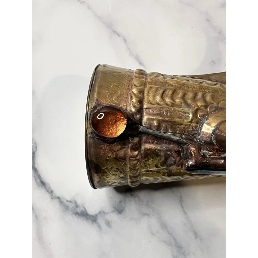 Vintage Brass Turkish Arabic Dallah Coffee Pot With Glass Embellishments Feather